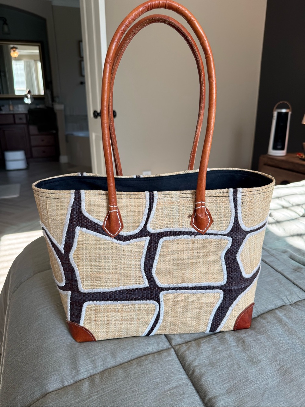 Natural Woven Tote Bag with Brown Leather Trim